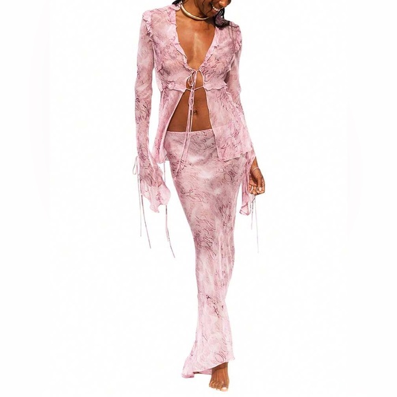 Pink Tie-Front Top and Skirt Set never worn - Picture 1 of 9